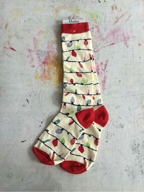 Hatley Cream Christmas Crew Socks with Red Accents and Multicolor Lights